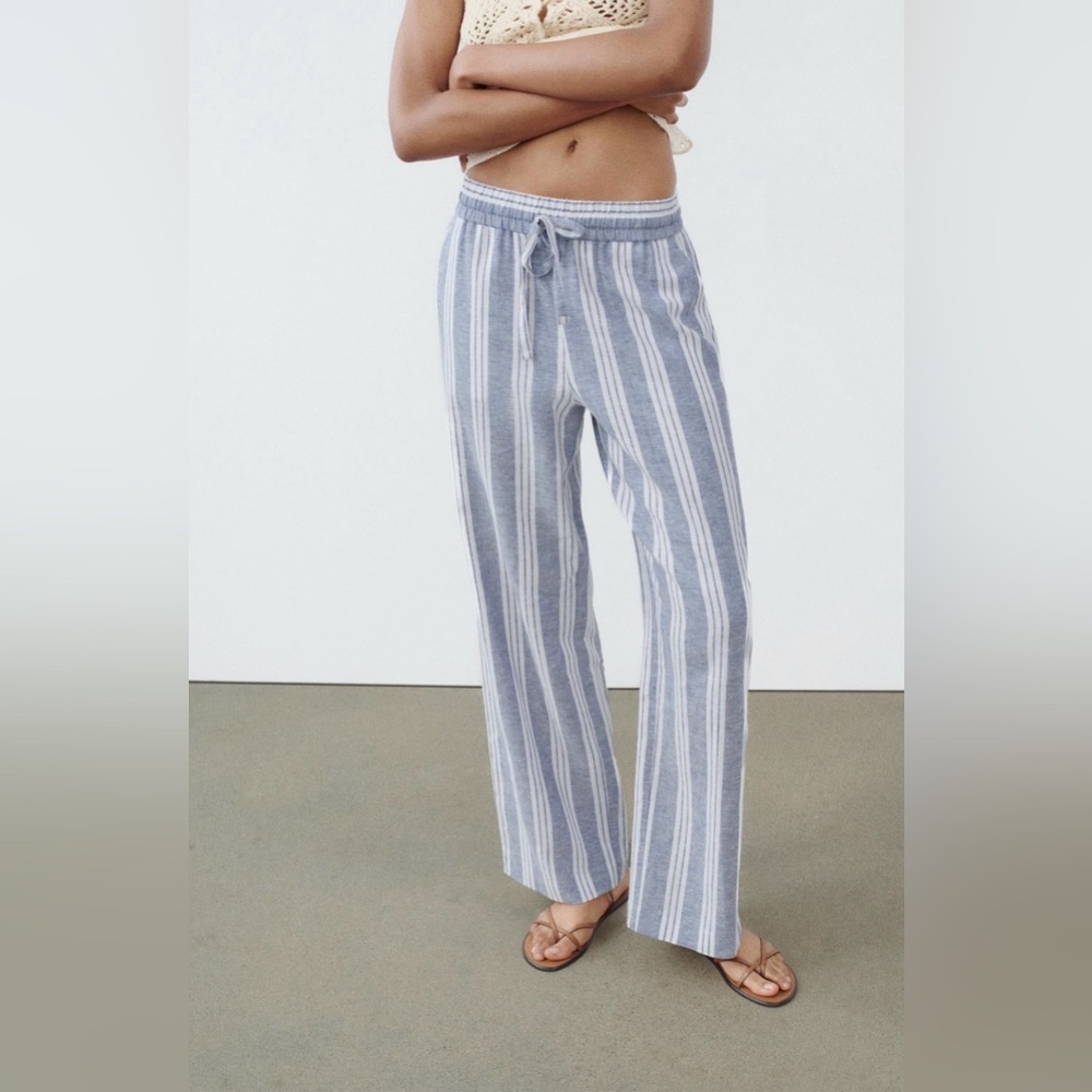 Zara Linen Blend Striped Wide Leg Pants Blue White Drawstring Size M